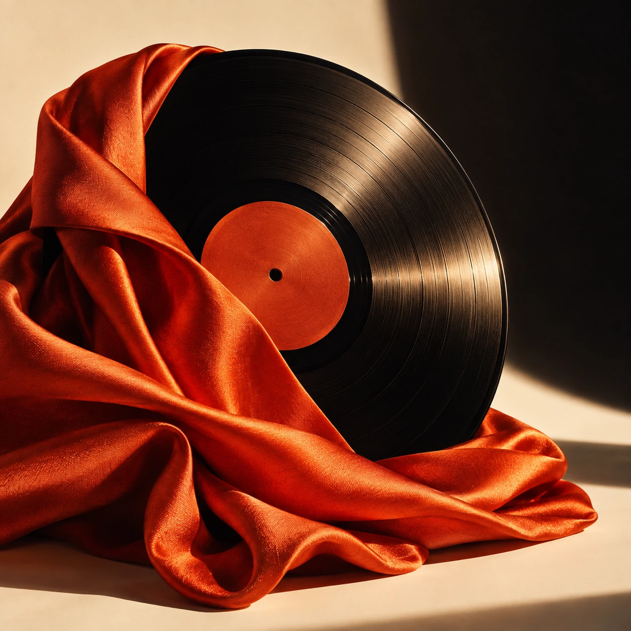 Original artwork study of a black vinyl record and sculptural vermilion silk.